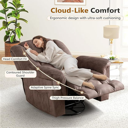 ANJ 2PCS Oversized Rocker Recliner Chairs Set, Manual 360° Swivel Recliners, Comfy Glider Rocking Chairs for Big Man, Extra Wide Overstuffed Reclining Chairs with Side Pocket for Living Room, Camel