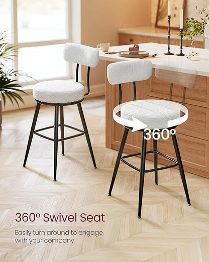 VASAGLE 360° Swivel Bar Stools Set of 2, Counter Height Bar Stools with Back, Boucle Fabric, Contemporary Modern, 25.4 Inch Tall, Kitchen and Home Bar, Cloud White ULBC130W01V1