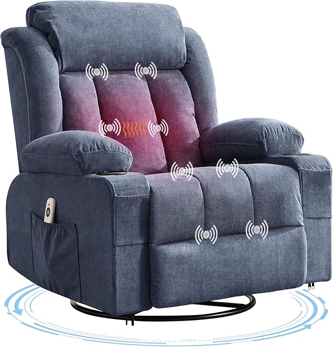 Rocking Recliner Chair with Heat and Massage, Nursery Recliner 360° Swivel Oversized Chairs for Adults, Lazy Boy Single Sofa Seat with 3 Positions, 2 Side Pockets, Cup Holders, and USB Ports, Blue