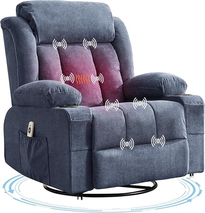 Rocking Recliner Chair with Heat and Massage, Nursery Recliner 360° Swivel Oversized Chairs for Adults, Lazy Boy Single Sofa Seat with 3 Positions, 2 Side Pockets, Cup Holders, and USB Ports, Blue