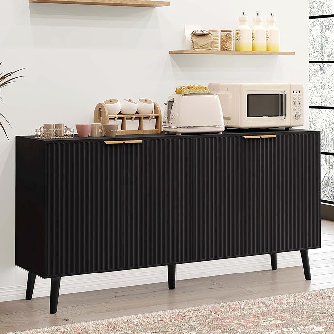 JASIWAY Sideboard Buffet Cabinet with Storage, 55" Sideboard with 4 Fluted Doors Scandinavian Wood Coffee Bar Cabinet Credenza for Living Room, Kitchen, Black