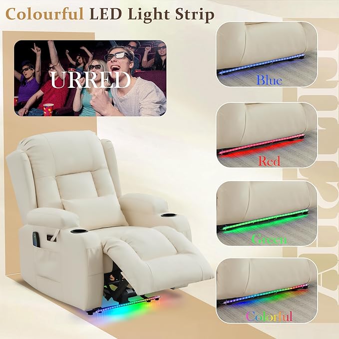 URRED Power Recliner Chair with Massage and Heat for Adults, Electric Reclining Sofa Home Theater Seating with Ambient Light, USB Ports, Cup Holders, Side Pockets, Pillow, Faux Leather (Beige)