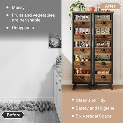 Tribesigns Wood Fruit and Vegetable Storage Rack Set of 2, 5-Tier Narrow Snack Stand Kitchen Stand Fruit Basket, Pull-Out Utility Organizer for Kitchen, Living Room, Rustic Brown