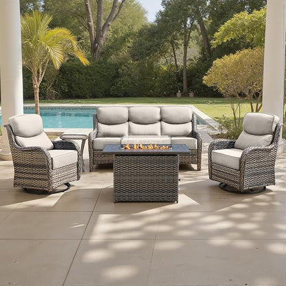 Belord Luxury 6" Thick Cushioned 5 Pieces Patio Furniture Set with Fire Pit Table, Wicker Outdoor Conversation Set with High Back Swivel Rocker Chairs for Deck Porch Yard and Poolside - Grey+Beige