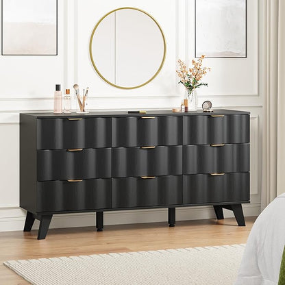 9 Drawer Dresser, Modern Fluted Storage Dresser with Deep Drawers and Metal Handles, Wood Chest of Drawers Storage Organizer for Bedroom, Living Room, Hallway (Black)