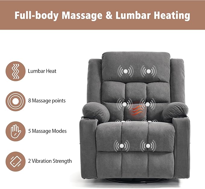 Swivel Rocker Recliner Chair for Adults with Massage and Heat, Cup Holders and Side Pockets, Glider Rocking Reclining Single Sofa Chair for Living Room (Dark Gray)