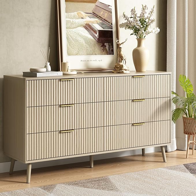 CARPETNAL Fluted 6 Drawer Dresser for Bedroom, 55" Wide Wooden Chest of Drawers with Rounded Corners, Gold Handles, Modern Storage Organizer for Bedroom, Hallway(Beige)