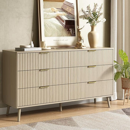 CARPETNAL Fluted 6 Drawer Dresser for Bedroom, 55" Wide Wooden Chest of Drawers with Rounded Corners, Gold Handles, Modern Storage Organizer for Bedroom, Hallway(Beige)