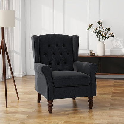 UIXE High Back Accent Chair, Fabric Upholstered Armchair Wingback Club Chair for Living Room, Comfy Single Sofa Bedroom Retro Reading Seat with Solid Wood Legs - Brown