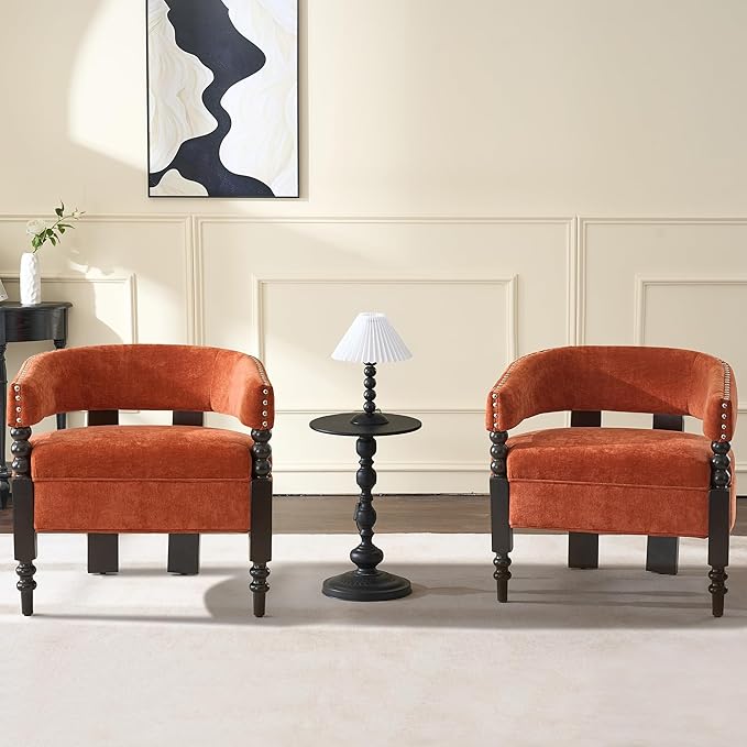 LOULENS Barrel Accent Chair, Vintage Chenille Upholstered Lounge Chair with Solid Wood Legs, Comfy Leisure Side Armchair for Living Room, Bedroom, Reading Nook, Corner, Orange