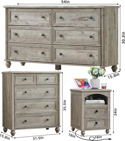 Farmhouse Dressers & Night Stand Set of 4, Wood 54" Wide Dresser & 35" Tall Chest of Drawers, 18" with Charging Station Nightstand Set of 2, Bedroom Furniture Dresser Set for Home Living Room Hallway