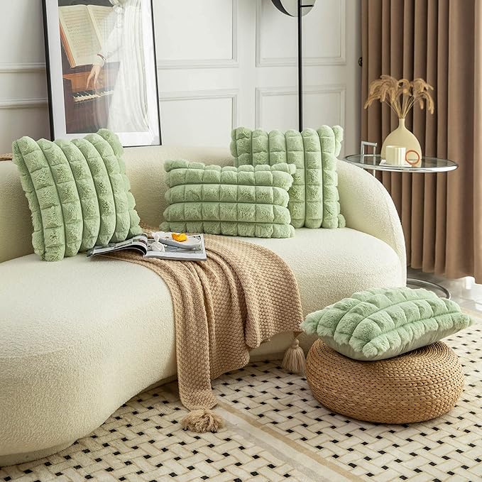 Neelvin Green Faux Fur Cozy Soft Plaid Decorative Throw Pillow Covers 16x16 inch Set of 2,Velvet Pillowcase Cushion Case for Sofa Couch