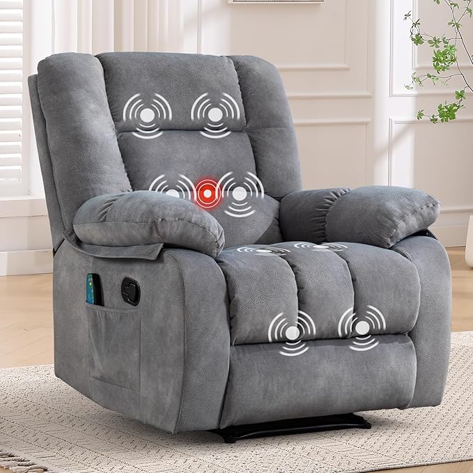 ANJHOME Massage Recliner Chairs with Heat and Vibration,Overstuffed Manual Rocking Reclining Chair for Living Room Bedroom (Light Grey)