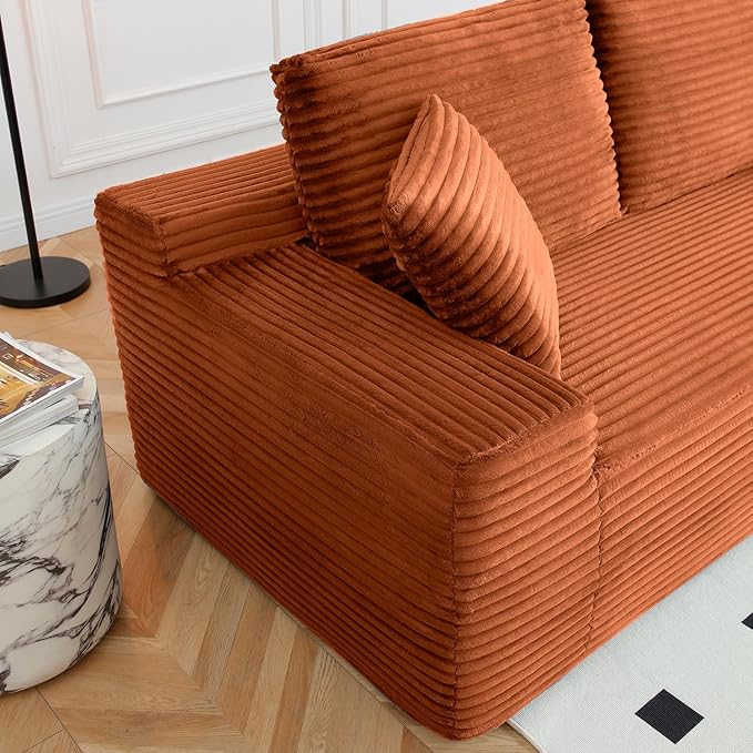 150" Oversized Modular Sectional Sofa,Deep Seat Cloud Corduroy Boneless Couch with Cup Holders,USB Ports, Wireless Charging & Storage Box,Upholstered Modular Sleeper Sofa for Living Room (Orange)
