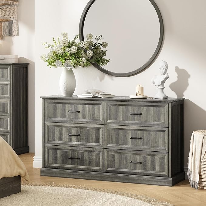 CARPETNAL Farmhouse 6 Drawer Dresser for Bedroom, 55 Inch Wide Modern Grey Dresser TV Stand with Large Drawers & Bar Handles, Rustic Wood Chest of Drawers for Bedroom, Living Room, Hallway, Entryway.