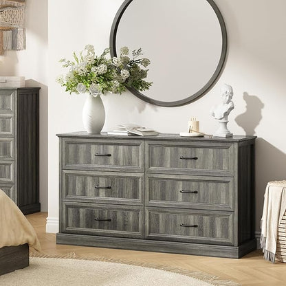 CARPETNAL Farmhouse 6 Drawer Dresser for Bedroom, 55 Inch Wide Modern Grey Dresser TV Stand with Large Drawers & Bar Handles, Rustic Wood Chest of Drawers for Bedroom, Living Room, Hallway, Entryway.