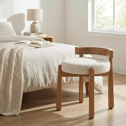 HNY Modern Chenille Vanity Chairs & Ottoman: Upholstered Round Seat with Solid Wood Legs, for Makeup Dressing, Living Room Footrest or Piano Bench, Beige