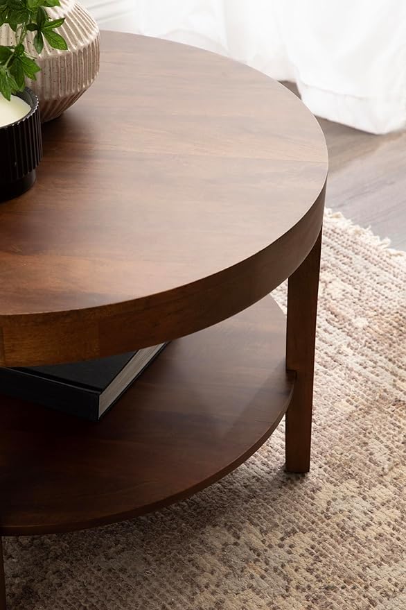 Kate and Laurel Talcott Modern Tiered Round Coffee Table, 28 x 28 x 18, Walnut Brown, Transitional Two-Tier Circle Living Room Table with Storage and Mango Wood Construction