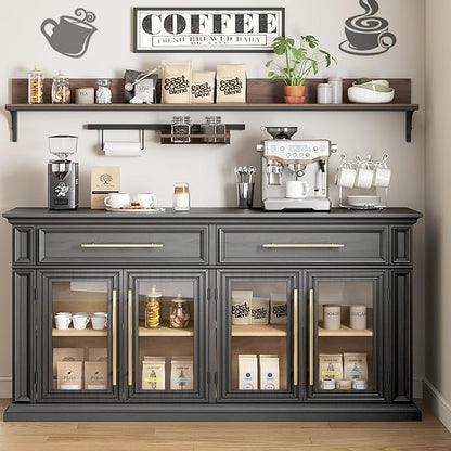 LGHM 63" Sideboard Buffet Cabinet with Drawers, Modern Kitchen Storage Cabinet with Adjustable Shelves and Magnetic Catch Doors, Wood Coffee Bar for Kitchen, Living Room, Black