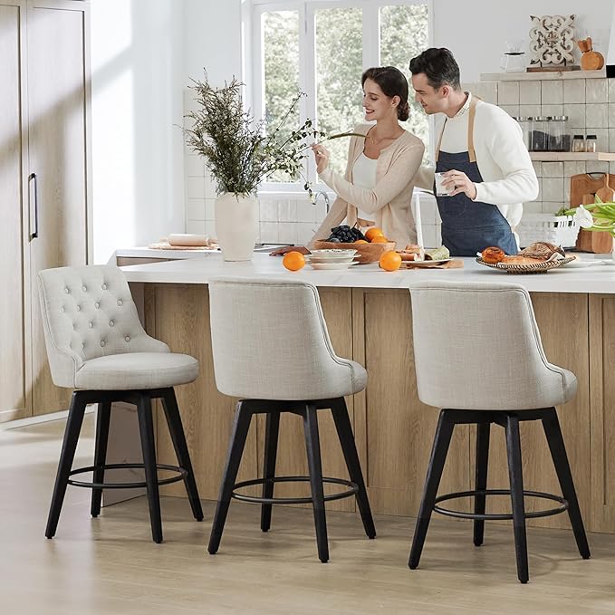 Watson & Whitely Modern Swivel Bar Stools, Performance Fabric Upholstered Counter Height Bar Stools with Back, Solid Wood Legs, 26" H Seat, Set of 2, Linen
