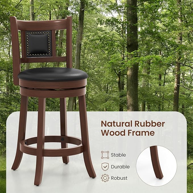 COSTWAY Bar Stools Set of 4, 25.5” Swivel Upholstered Counter Height Bar Stool with Curved Backrest & Cushioned Seat, Solid Rubber Wood Legs & Resting Footrest, for Kitchen Island (4, 25.5”)