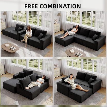 139" Boneless Cloud Sectional Couch for Living Room, Compressed Modular L-Shaped Sofa with Deep Seat, Frameless Corduroy Couch in Boxes, No Assembly Required 4-Seater (Right-Facing Chaise, Black)