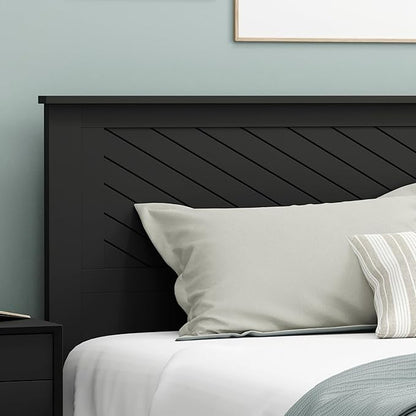 Serene Poplar Wood King Size Headboard in Black, Modern Farmhouse Panel with Chevron Scoring, Casual Coastal Style, Easy Assembly, Quality Materials