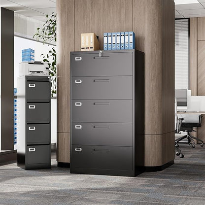 Lateral Filing Cabinet,5 Drawer File Cabinet with Lock,Office Lateral File Cabinets for Legal/Letter A4 Size,Require Assembly, Black