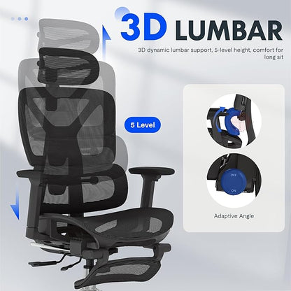 FLEXISPOT ErgoX Premium Ergonomic Office Chair Black - Adjustable 3D Armrests, Dynamic Lumbar Support, Recline & Tilt Function, Mesh Seat, for Home & Office Use