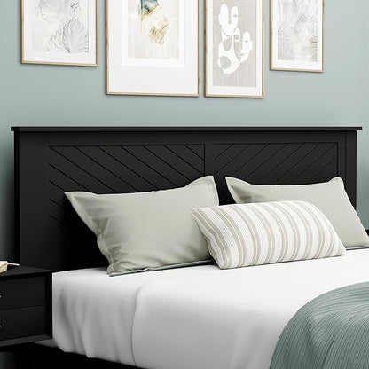 Serene Poplar Wood King Size Headboard in Black, Modern Farmhouse Panel with Chevron Scoring, Casual Coastal Style, Easy Assembly, Quality Materials