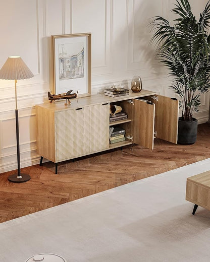 Mid-Century Modern Sideboard Cabinet, 63” Buffet with Storage, Diamond-Textured Credenza with 4 Doors, Multifunctional Accent Cabinet for Kitchen, Dining Room, Living Room (Natural Oak)
