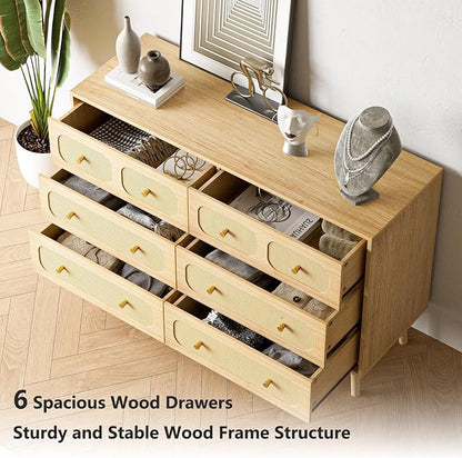 SINROM® Rattan Dresser for Bedroom, Modern 6 Drawer Dresser with Gold Handles, Wood Storage Chest of Drawers for Bedroom, Living Room, Hallway and Entryway, Natural
