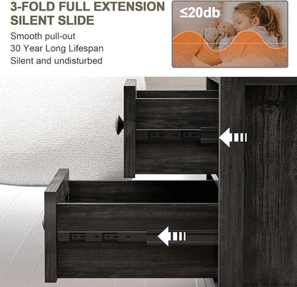 End Table with Fast USB C Charging Station,18" Wide Sofa Side Table with 2 Drawers, Large Storage Rustic Wood Square Storage Cabinet for Living Room, Bedroom, Office, Black