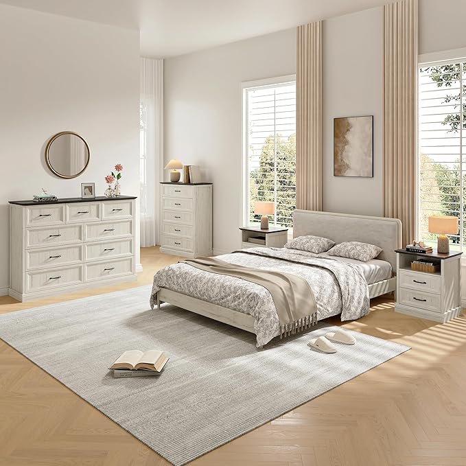 Farmhouse Dresser and Nightstand Sets, 4Pcs Bedroom Furniture Set, Nightstand Set of 2 & 55" Wide 9 Drawer and 44" Tall 5 Drawer Dresser with Large Drawers & Bar Handles, White
