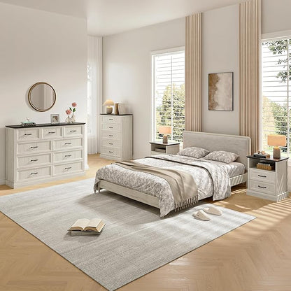 Farmhouse Dresser and Nightstand Sets, 4Pcs Bedroom Furniture Set, Nightstand Set of 2 & 55" Wide 9 Drawer and 44" Tall 5 Drawer Dresser with Large Drawers & Bar Handles, White