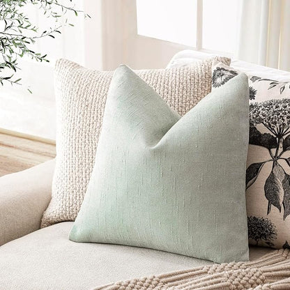 Foindtower Set of 2 Soft Textured Chenille Throw Decorative Pillow Covers Square Accent Solid Cushion Cover Cozy Neutral Farmhouse Pillow Case for Couch Sofa Bedroom Living Room 16x16 Inch, Sage Green