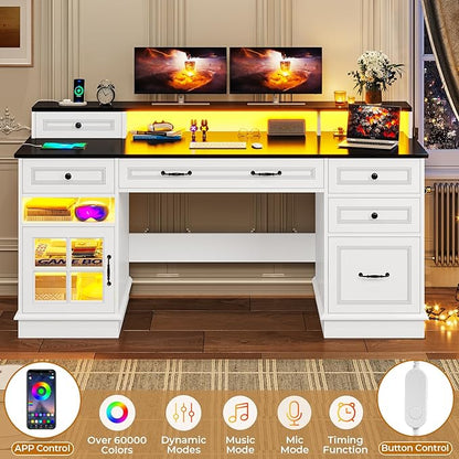 BTHFST Executive Desk with File Drawer, Computer Desk with Monitor Stand, Home Office Desk with Drawers & Storage Cabinet, Writing Desk with Charging Station & LED Lights, White
