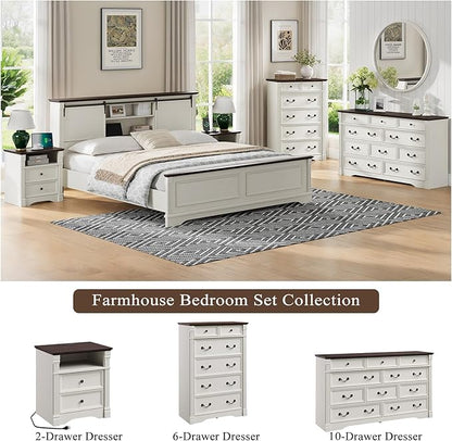 Yaamizz Farmhouse Nightstands Set of 2 with Charging Station, Table with Drawer and Storage Shelf, Wood Pilasters and Metal Handles, Vintage Design, Organizer for Bedroom, Hallway, White