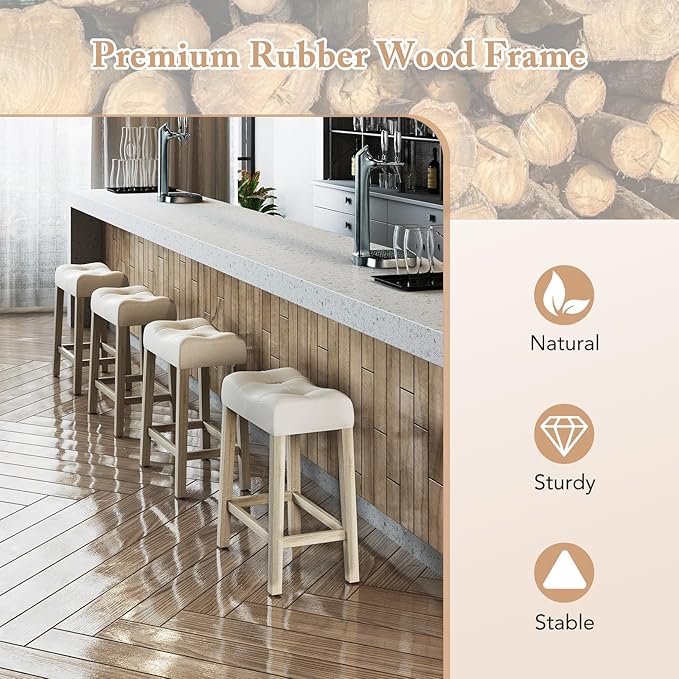 COSTWAY Wooden Saddle Stools Set of 4, 24-inch Counter Height Upholstered Backless Bar Stools with Solid Rubber Wood Legs, Padded Seat, Farmhouse Dining Chairs for Kitchen Island, Cafe, Beige