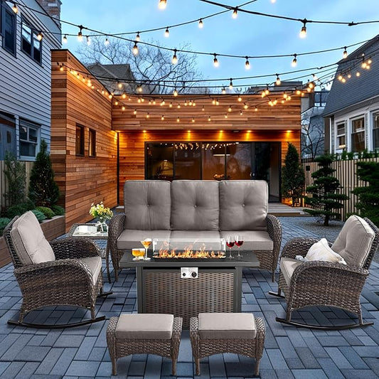 HUMMUH 7-Piece Outdoor Patio Furniture with Fire Pit Set,Wicker Patio Sofa Set Outdoor Rocking Chairs with Ottomans for Backyard,Poolside,Deck