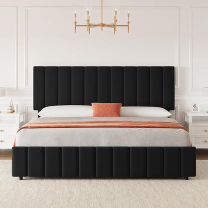 Garvee Queen Size Bed Frame with 4 Storage Drawers, Adjustable Height Headboard, Linen Upholstered Platform Bed Frame, No Box Spring Needed, Easy Assembly, Black
