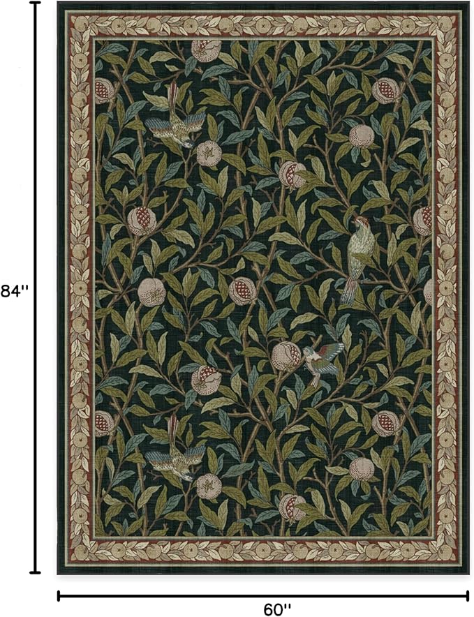 RUGGABLE x Morris & Co Washable Area Rug – Pomegranate Blue Green 5x7, Stain-Resistant, Non-Slip – Medium Machine Washable Rugs for Living Room, Bedroom, Hallway, Entryway & Office–with Cushioned Pad
