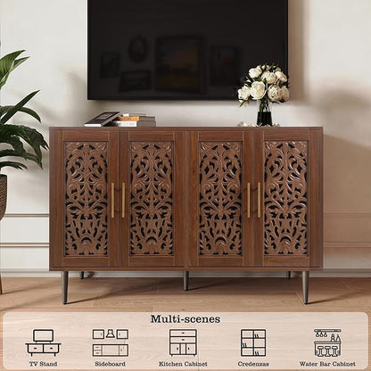 ARTPOWER 47.8" Accent Cabinet with 4 Doors, Vintage Hollow Carving Buffet Cabinet, Sideboards and Buffets with Storage, Credenza for Living Room, Kitchen, Dining Room, Entryway, Hallway, Brown