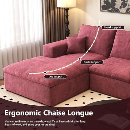 107'' L-Shaped Modern Modular Sectional Cloud Couch, 4-Seat Chenille Deep-Seat Sofa with Pillow for Living Room, Bedroom, Apartment, Wine Red