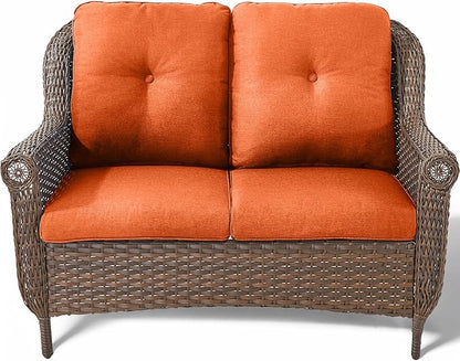Patio Loveseat Outdoor Wicker Sofa - Heavy Duty All-Weather Brown Rattan 2-Person Sofas with High Back and Comfortable Thick Cushions for Garden Back Porch Poolside Apartment - Orange