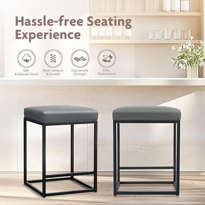 ALPHA HOME 24 Inch Counter Height Bar Stools Set of 2, Upholstered Bar Stools for Kitchen Island, Counter Stools with Faux Leather Cushion and Sturdy Metal Frame, Modern Barstools, Grey