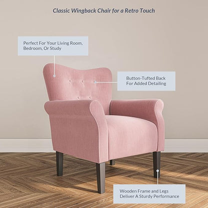 BELLEZE Modern Accent Chair, High Back Armchair, Upholstered Wingback Side Chair, Padded Single Sofa with Wooden Legs for Living Room, Bedroom - Pink