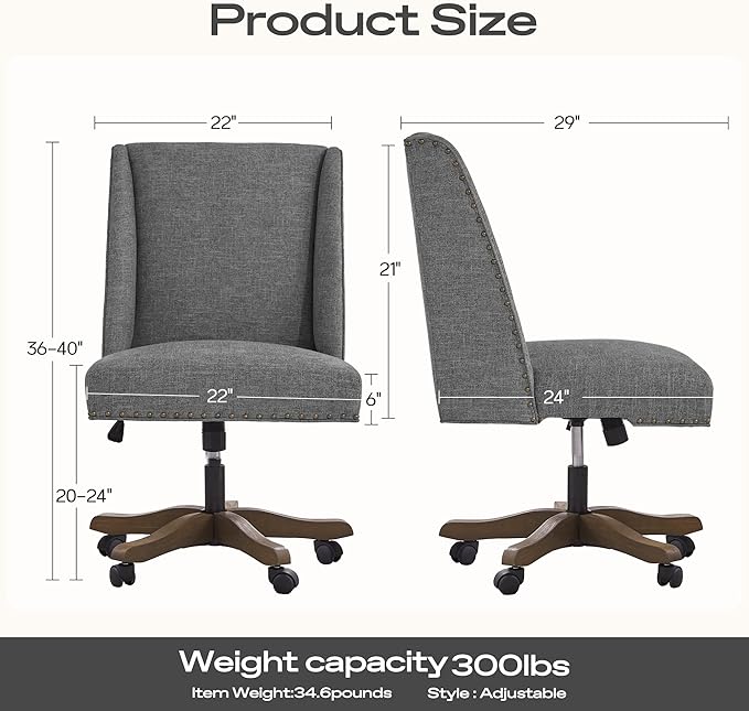 Upholstered Armless Home Office Chair with Wooden Legs, Modern Office Desk Chair No Arms Sewing Chair Adjustable Swivel Desk Chair for Farmhouse Office Study Studio (Dark Gray)