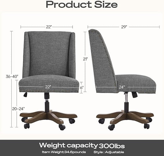 Upholstered Armless Home Office Chair with Wooden Legs, Modern Office Desk Chair No Arms Sewing Chair Adjustable Swivel Desk Chair for Farmhouse Office Study Studio (Dark Gray)
