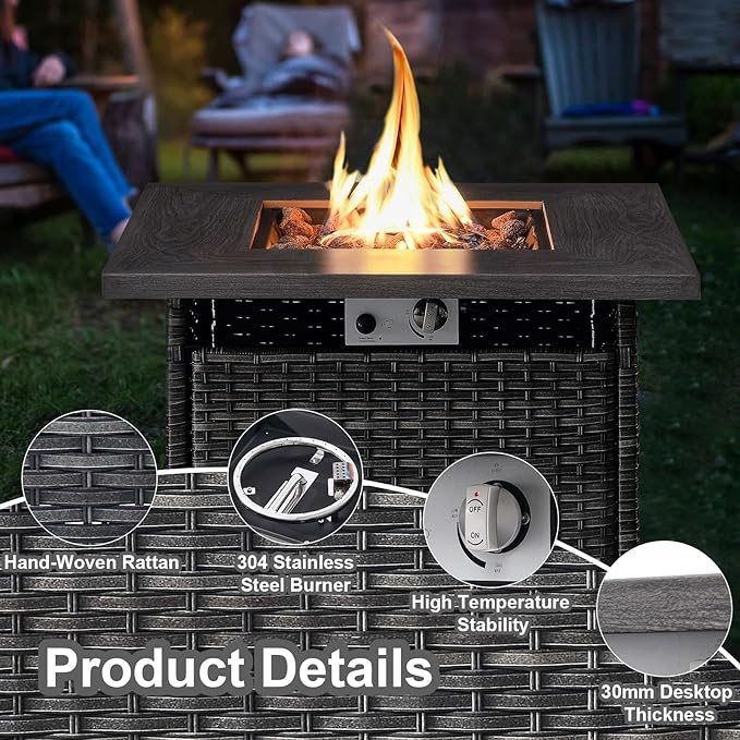 HUMMUH Patio Furniture with Fire Pit 4-Piece Wicker Outdoor Sectional Couch with Swivel Rocking Chairs, Propane Fire Pit Conversation Set for Garden, Backyard, Deck